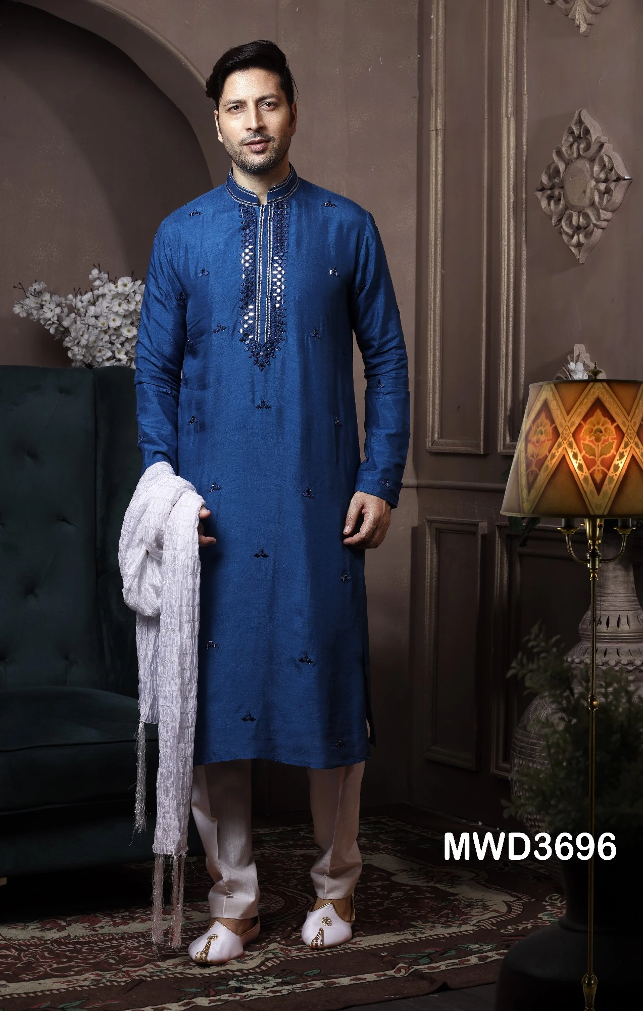 Blue Readymade Mirror Embroidered Silk Kurta Pyjama, 36-1.webp